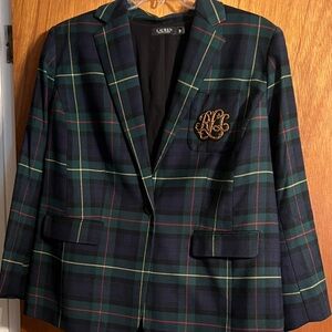 Lauren Ralph Lauren Navy and Green Plaid Blazer with Gold Crest Patch
